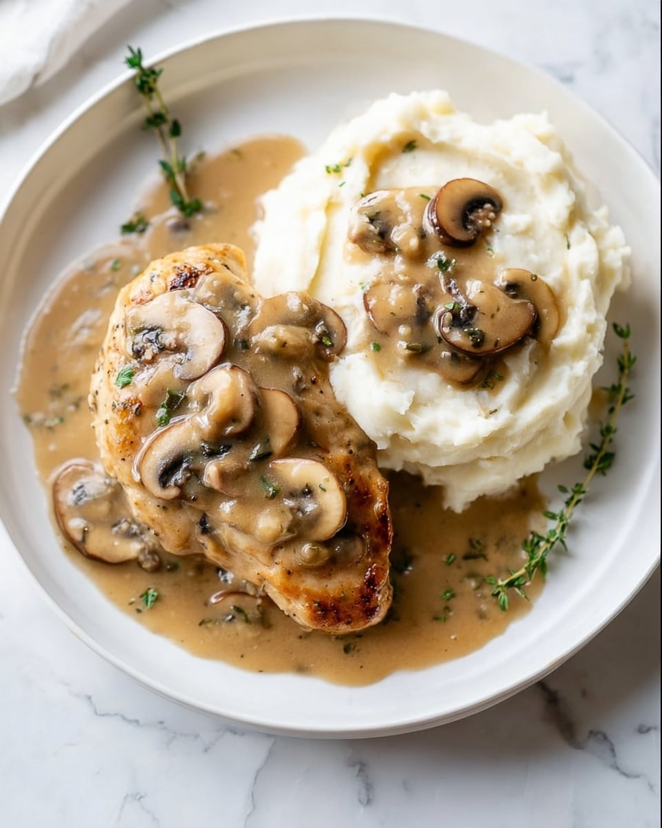 The dish is served in a white plate placed on a white marbled surface. On the left side of the plate is a golden-brown cooked chicken piece covered with a thick light brown mushroom sauce with slices of mushrooms visible on top. On the right side is a mound of creamy white mashed potatoes with smooth texture, also topped with the same mushroom sauce and mushroom slices. A few small green herbs are placed near the edge of the plate, adding a touch of color. The overall look is warm and hearty, with the sauce spreading slightly over the mashed potatoes and chicken. Photo taken with an iphone --ar 4:5 --v 7
