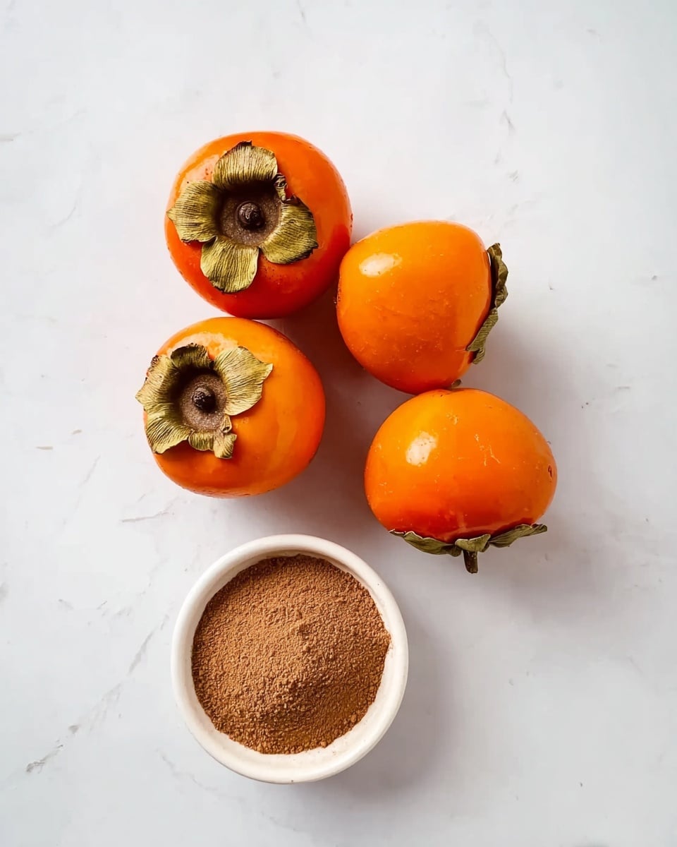 The image shows four bright orange persimmons with green stems placed close together on a white marbled surface. Below the persimmons, there is a small white bowl filled with a fine brown powder, likely a spice or cocoa. The persimmons have smooth and shiny skin with some natural texture near the stems. photo taken with an iphone --ar 4:5 --v 7