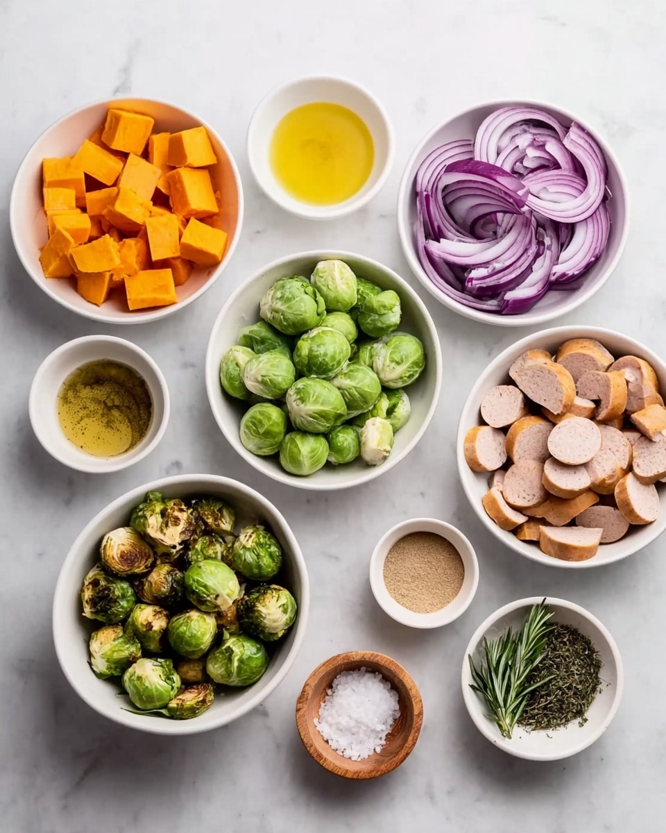 The image shows several white bowls with different ingredients arranged neatly on a white marbled surface. There are six bowls filled with colorful ingredients: one bowl has small orange cubes, another bowl holds green Brussels sprouts cut in halves, a third bowl contains sliced purple onions, and a fourth bowl has beige sliced sausages. The remaining small white bowls contain yellow liquid, thick mustard sauce, green herbs, dried rosemary, and light brown powder. There is also a small wooden bowl filled with salt placed among the bowls. All items are evenly spaced and clearly visible. Photo taken with an iphone --ar 4:5 --v 7