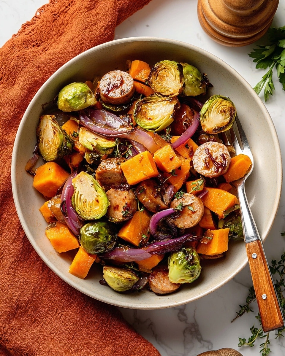 The dish is served in a white bowl filled with three main layers: the bottom layer has bright orange cubes of cooked sweet potato; on top of that are tender slices of browned sausage with a shiny glaze; and scattered throughout are halved Brussels sprouts that are roasted with a slightly crisp outside and some charred spots. There are also thin, curled slices of purple-red onion mixed evenly across the bowl, adding texture and color contrast. A shiny fork with a wooden handle rests on the right edge of the bowl, slightly touching the food. The bowl sits on a white marbled surface next to some fresh green herbs and a wooden grinder, with a burnt orange cloth napkin partially visible in the bottom left corner. Photo taken with an iphone --ar 4:5 --v 7