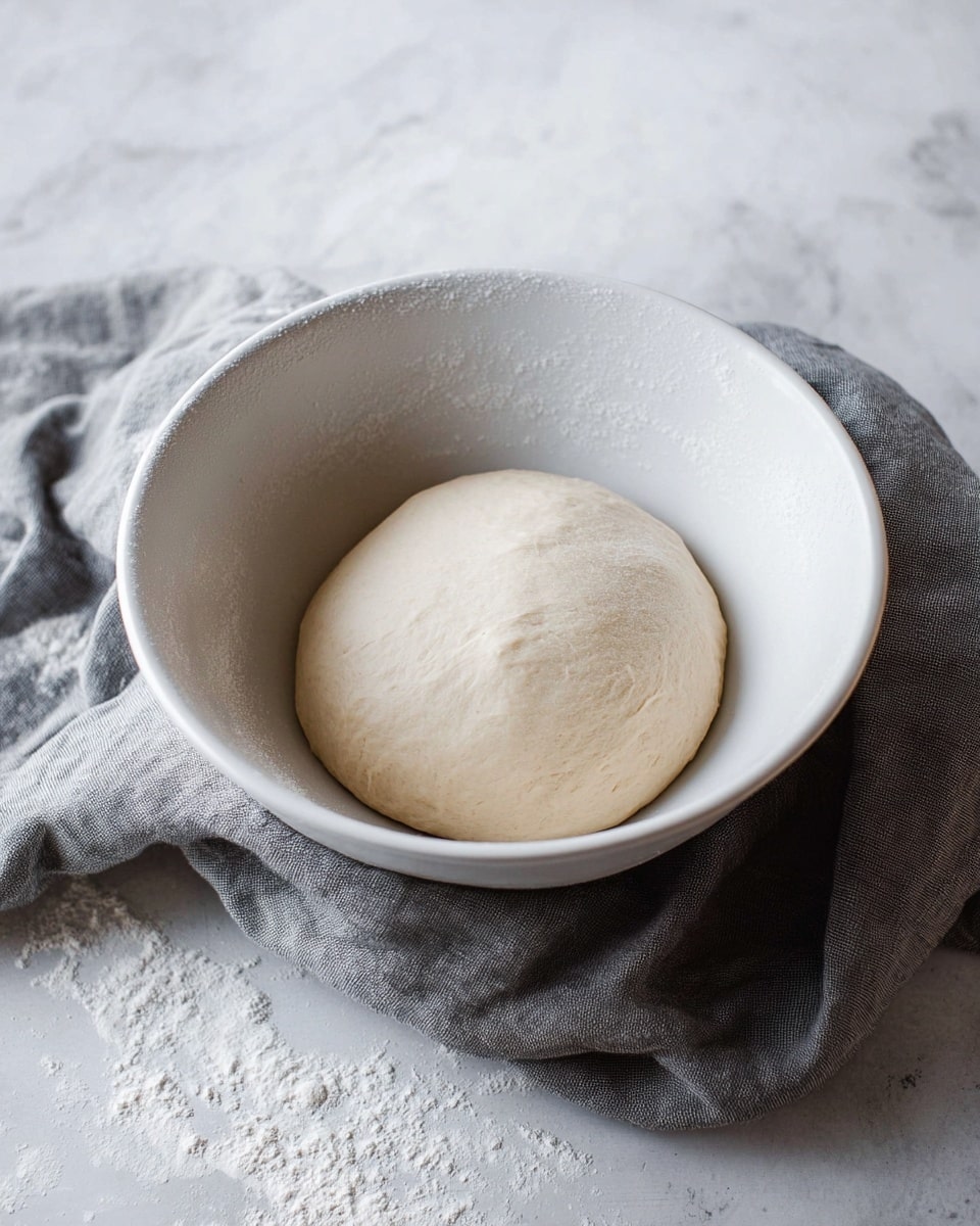 A white bowl holds a smooth, round ball of dough with a slightly shiny and soft texture, sitting in the center. The bowl rests on a crumpled grey cloth, all set against a white marbled surface. The scene is simple, focusing on the dough before it is shaped or baked, with soft natural light giving the dough a fresh and airy look. photo taken with an iphone --ar 4:5 --v 7