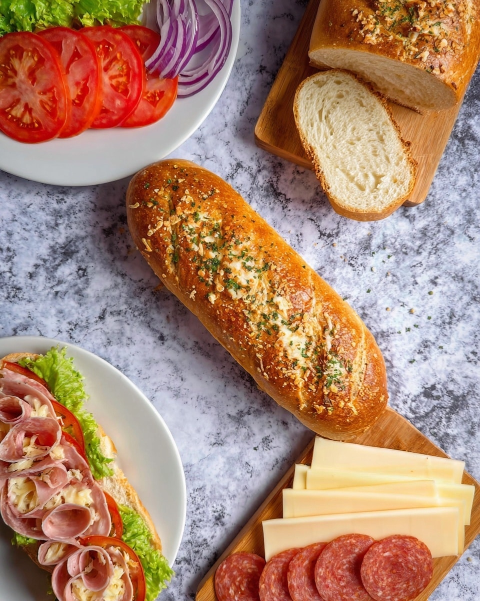 The image shows a sandwich scene on a white marbled surface with a long, golden-brown bread roll topped with herbs and small bits of cheese in the center. On the left side, a white plate holds fresh red tomato slices, green lettuce leaves, and purple onion rings, with a half loaf of the same bread resting there. On the right side, a wooden board displays three layers of sliced cheese, four layers of light pink deli meat, and five slices of pepperoni. At the bottom, a sandwich made with the bread roll is partially visible, filled with layers of green lettuce, red tomato, purple onion, cheese, and sliced meats. Photo taken with an iphone --ar 4:5 --v 7