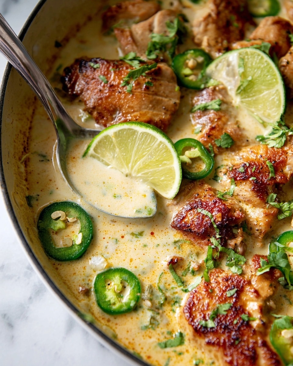 The image shows a close-up of a dish with several layers of cooked light brown chicken pieces with darker browned edges, simmering in a creamy pale yellow sauce. There are green slices of jalapeño and fresh chopped cilantro sprinkled on top. Lime wedges with a bright yellow-green color are placed in the sauce, adding fresh color contrast. A metal spoon filled with the creamy sauce rests on the dish, showing the smooth and slightly thick texture of the sauce. The dish appears to be served in a white pan set on a white marbled surface. Photo taken with an iphone --ar 4:5 --v 7
