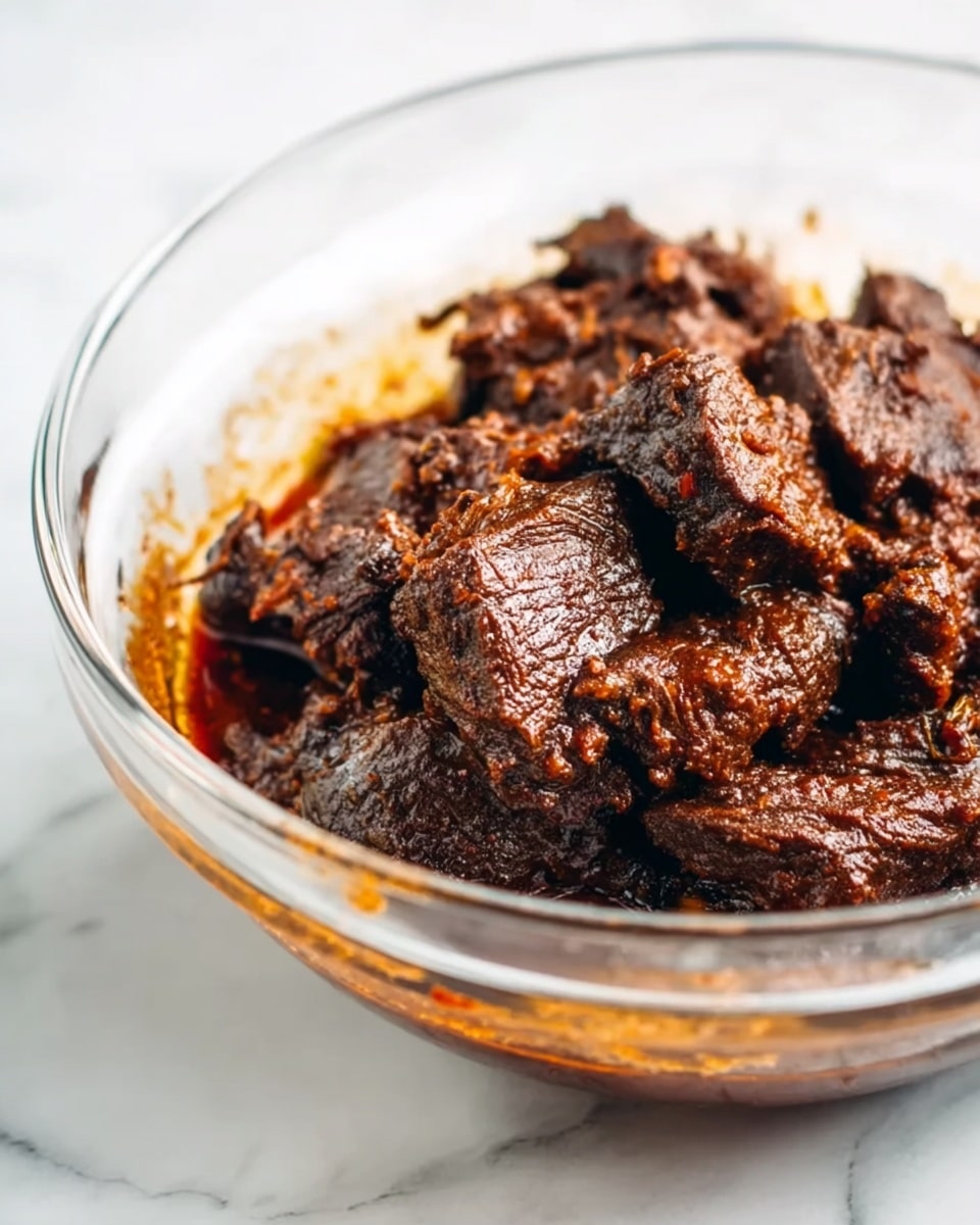 The image shows a clear glass bowl with multiple pieces of dark brown cooked meat inside, coated with a thick, rich sauce. The meat looks tender and juicy with a slightly rough texture, and there is some sauce pooling at the bottom of the bowl. The bowl is placed on a white marbled surface, and the focus is on the meat's texture and color with soft lighting highlighting its glistening surface. photo taken with an iphone --ar 4:5 --v 7
