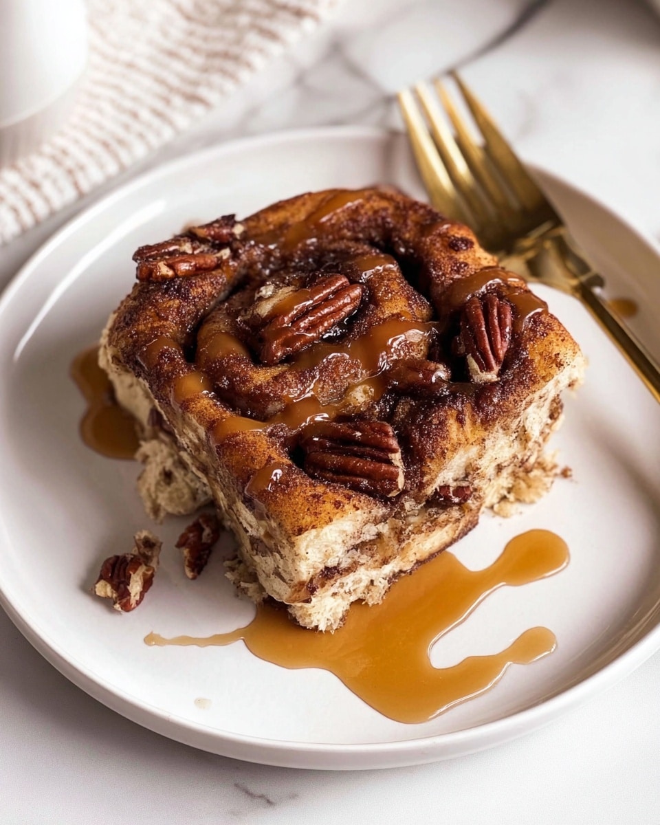 A square piece of cinnamon roll sits on a white plate, showing several layers of soft dough swirled with cinnamon and small bits of dark brown pecans spread evenly on top and inside. The top layer is baked to a golden brown with a slightly crunchy texture, drizzled with golden caramel sauce that catches the light and drips a bit over the side. The plate rests on a white marbled surface with a gold fork placed nearby to the upper right. Photo taken with an iphone --ar 4:5 --v 7
