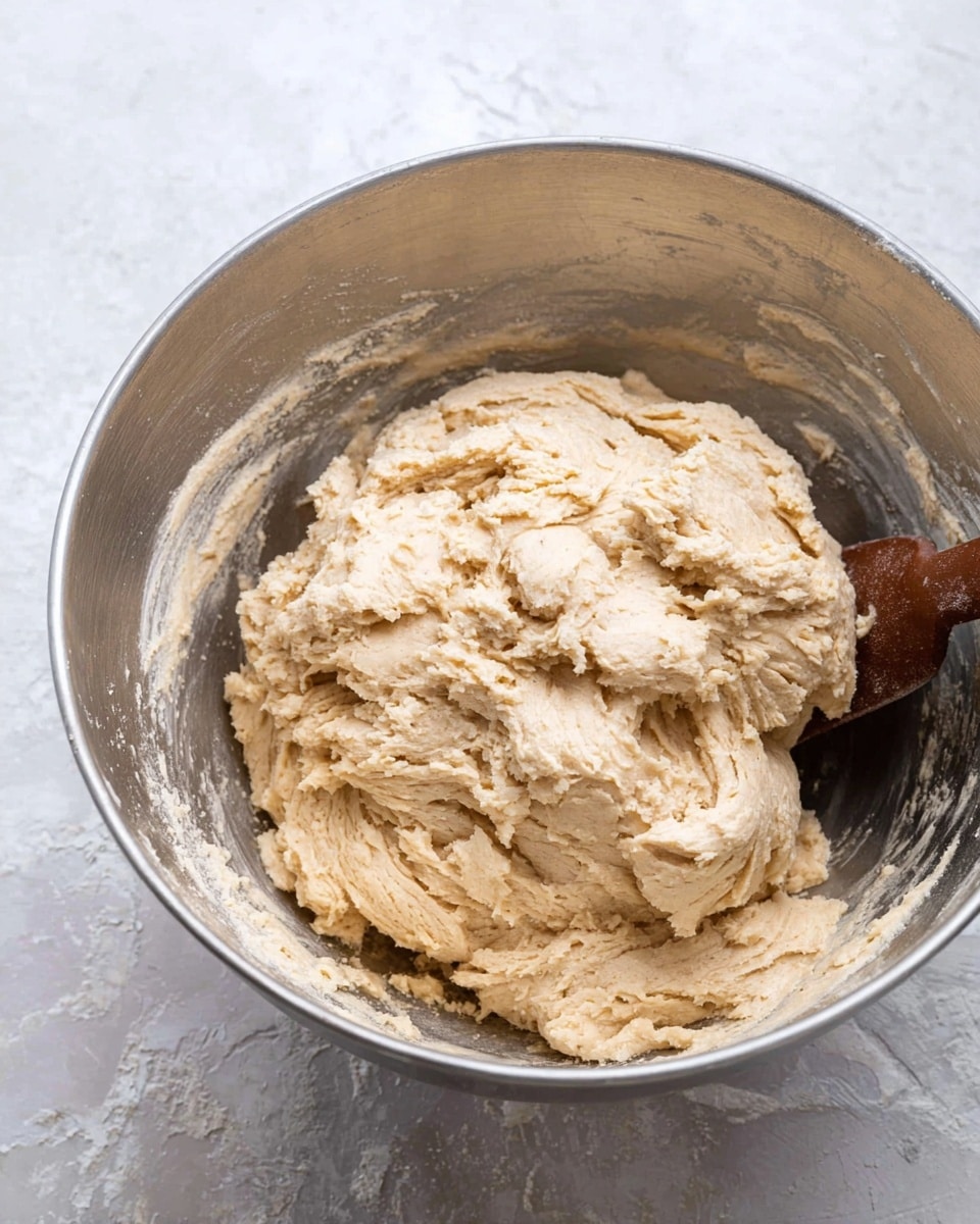 A large silver mixing bowl filled with a thick, pale beige dough that looks slightly rough and sticky, sitting mainly in the center of the bowl. The dough shows uneven texture with some small lumps and ridges, and it is shaped into a loose mound. A brown mixing spoon rests inside the bowl on the right side, partially covered by the dough. The surface beneath the bowl has a white marbled texture visible around the edges. photo taken with an iphone --ar 4:5 --v 7