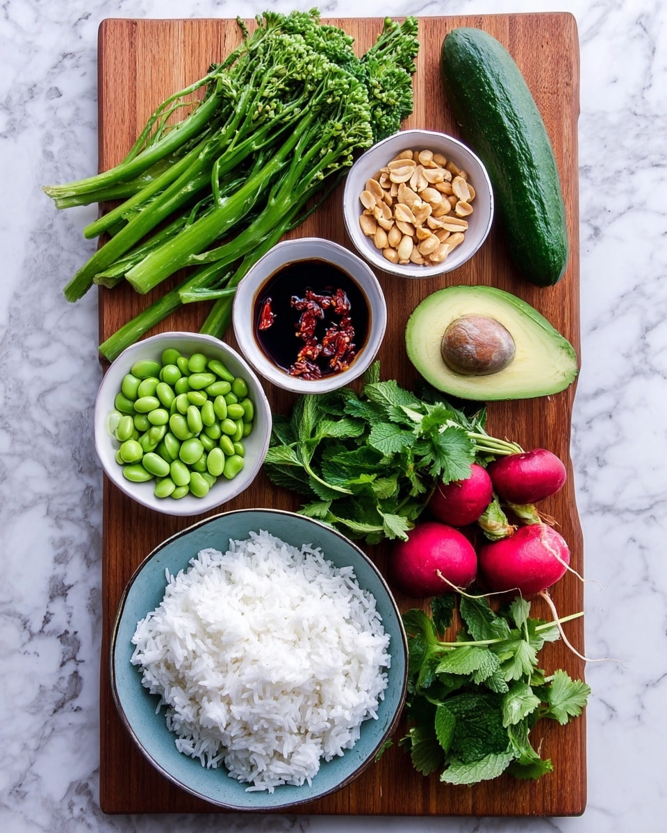 A wooden board placed on a white marbled surface holds fresh ingredients arranged neatly: a bunch of bright green broccolini with florets at the top left, a green cucumber on the top right, and a halved avocado with a large seed next to it. Between these are two small white bowls, one filled with a dark soy-based sauce with red chili flakes, the other with golden roasted peanuts. Below them, five vibrant red radishes are scattered next to a cluster of fresh cilantro and mint leaves with green onions. A small white bowl of bright green edamame beans is at the bottom left, next to a larger blue bowl filled with fluffy white rice, slightly mounded. The colors and textures contrast vividly on the board, making it visually fresh and inviting photo taken with an iphone --ar 4:5 --v 7