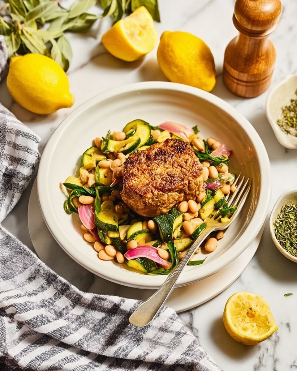A white plate sits on a white marbled surface, holding a dish with three clear layers; the bottom layer is a mix of white beans, bright green zucchini chunks, and pink onion pieces, all sprinkled with small green herb sprigs, while the top layer features a single piece of browned, crispy cooked meat with a textured surface, positioned slightly off-center. Near the plate, there is a shiny silver fork resting inside it, half touching the food. Around the plate, halved bright yellow lemons, a small bowl with green herb dressing, and a striped cloth with a wooden pepper grinder are arranged. Photo taken with an iphone --ar 4:5 --v 7