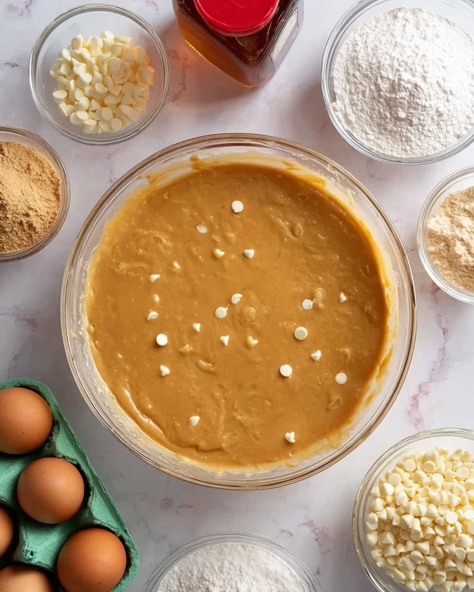 A clear glass bowl sits in the center on a white marbled surface, filled with a smooth, light brown batter with small white chocolate chips scattered throughout. Around the bowl are several smaller clear glass bowls containing ingredients: one with white flour, one with brown sugar, one with white chocolate chips, and one with a golden syrup. A green carton holds two brown eggs placed in the bottom left corner. A red bottle of maple syrup leans on the top left. The photo is taken with an iphone --ar 4:5 --v 7