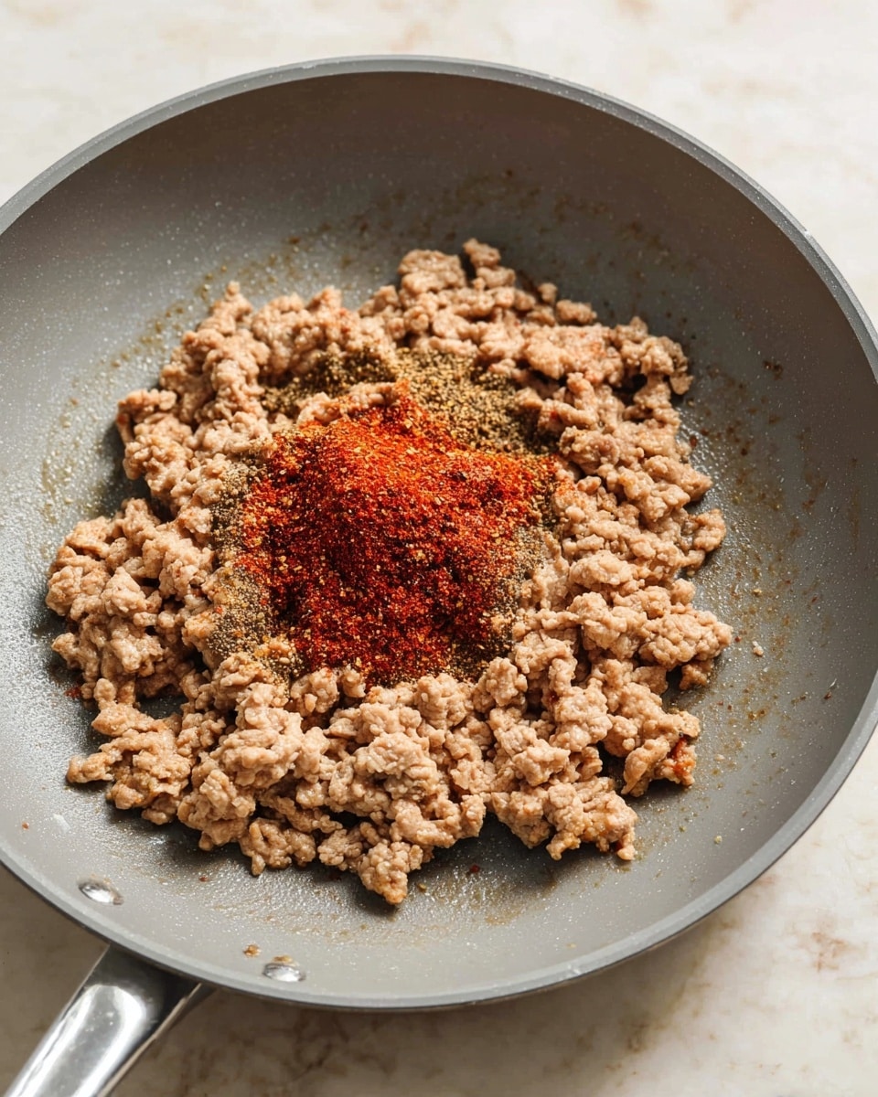 The image shows a grey frying pan filled with cooked light brown minced meat spread evenly inside. In the center of the meat, there is a small mound of red spice mix with a coarse texture, sitting on top. The frying pan has a silver metal handle visible at the bottom right. The pan is placed on a white marbled surface. The photo taken with an iphone --ar 4:5 --v 7