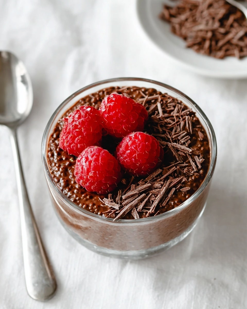 A clear glass bowl sits on a white marbled surface, filled with three visible layers: the bottom layer is rich, dark chocolate pudding with a textured surface, topped with thin, dark chocolate shavings that scatter lightly over the pudding. On top of the chocolate shavings, there are five bright red frozen raspberries arranged close together, showing their icy, bumpy texture. Near the bowl, to the left, is a silver spoon resting on the white marbled surface, and in the upper part of the image, there is a white plate partially visible, also holding more thin dark chocolate shavings. The photo taken with an iphone --ar 4:5 --v 7