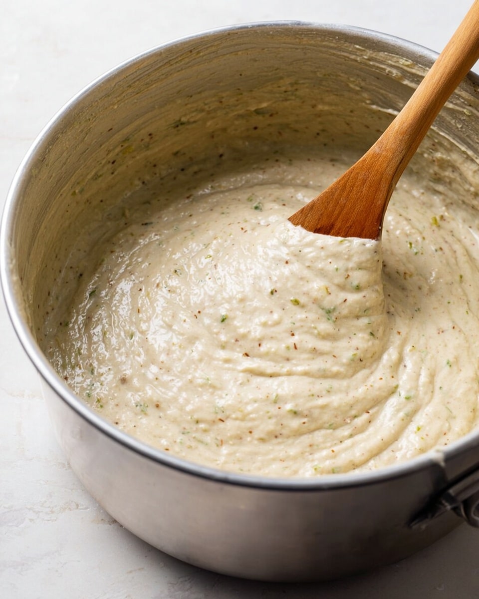 A large silver mixing bowl filled with thick, creamy batter that has a slightly speckled texture from small bits of ingredients mixed in. A wooden spoon with a smooth handle is partially dipped into the batter, lifting a portion of it, showing the batter’s soft and slightly lumpy consistency. The bowl is set on a white marbled surface, with natural light highlighting the batter's pale beige color with specks of green and brown. Photo taken with an iphone --ar 4:5 --v 7