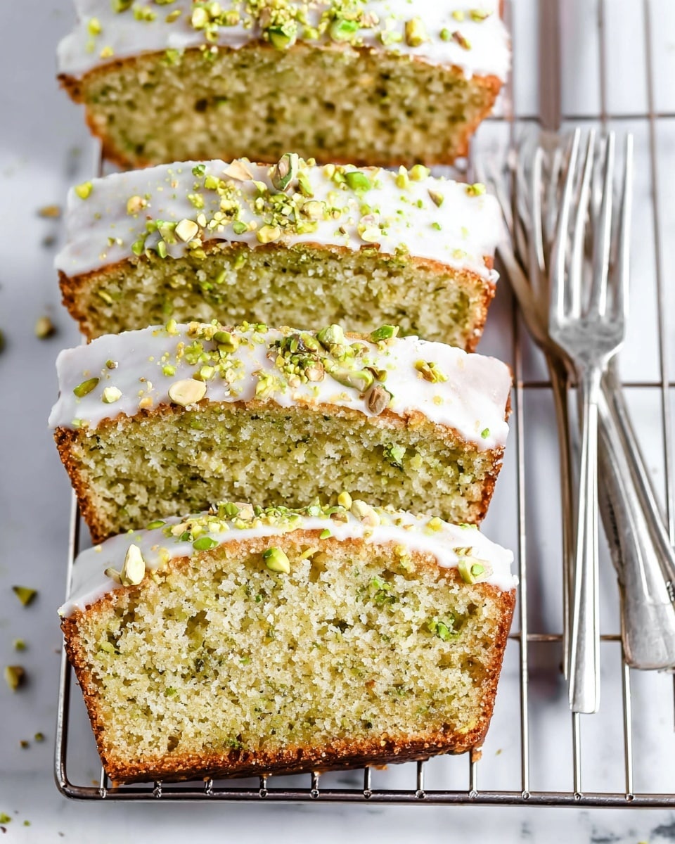 The image shows four slices of moist pistachio cake arranged in a row on a stainless steel cooling rack over a white marbled surface. Each slice has a light green crumb texture with small bits of pistachio inside. The top layer is covered with a smooth white icing, which looks soft and slightly spread out, and sprinkled with crushed green pistachio pieces. The bottom edges of the slices are darker and slightly crispy. To the right of the cake slices, there are four shiny silver forks stacked together. The photo is taken with an iphone --ar 4:5 --v 7