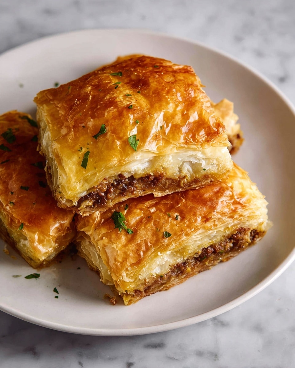 Three pieces of golden brown layered pastry sit on a white plate placed on a white marbled surface. Each piece has a top layer of crisp, flaky dough with a shiny, slightly cracked texture. Underneath, there is a dark brown filling layer that looks crumbly and moist, showing through on the cut edges. Small green herb bits sprinkle lightly on the top pastry layer, adding color contrast. The pieces slightly overlap each other, displaying the thickness and texture of the layers. Photo taken with an iphone --ar 4:5 --v 7