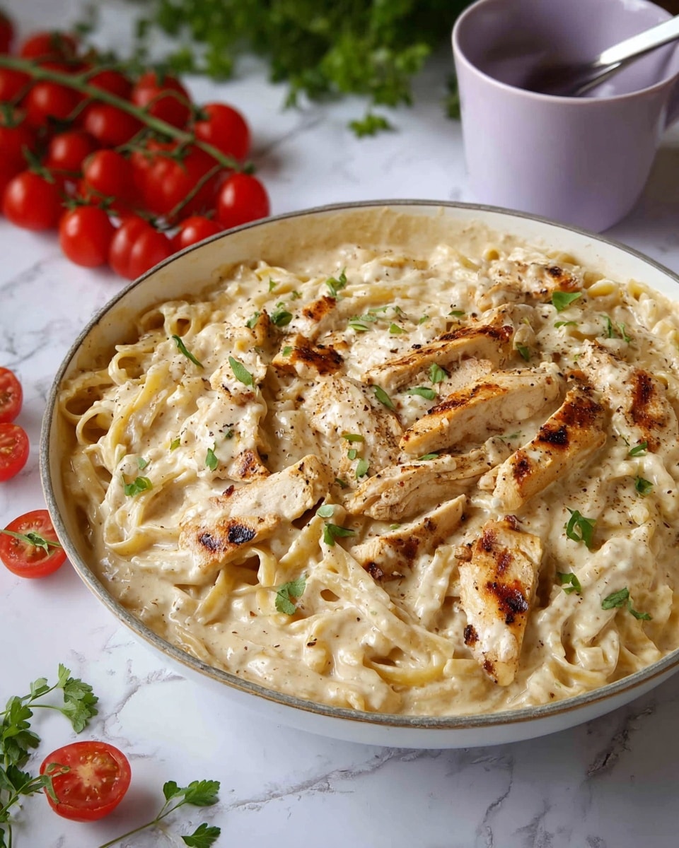 A large white shallow bowl filled with creamy, light beige pasta covered in a thick sauce, showing pieces of grilled chicken strips with light brown grill marks scattered evenly throughout. The sauce has visible pepper and herb specks, giving a textured and rich look. Small green herb leaves are sprinkled on top, adding color contrast. Around the bowl, red tomatoes on the vine and fresh green herbs decorate the white marbled surface. A light purple cup with a spoon is placed behind the bowl. photo taken with an iphone --ar 4:5 --v 7
