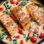 Creamy Tuscan Salmon with Cherry Tomatoes, Spinach, and Parmesan Recipe