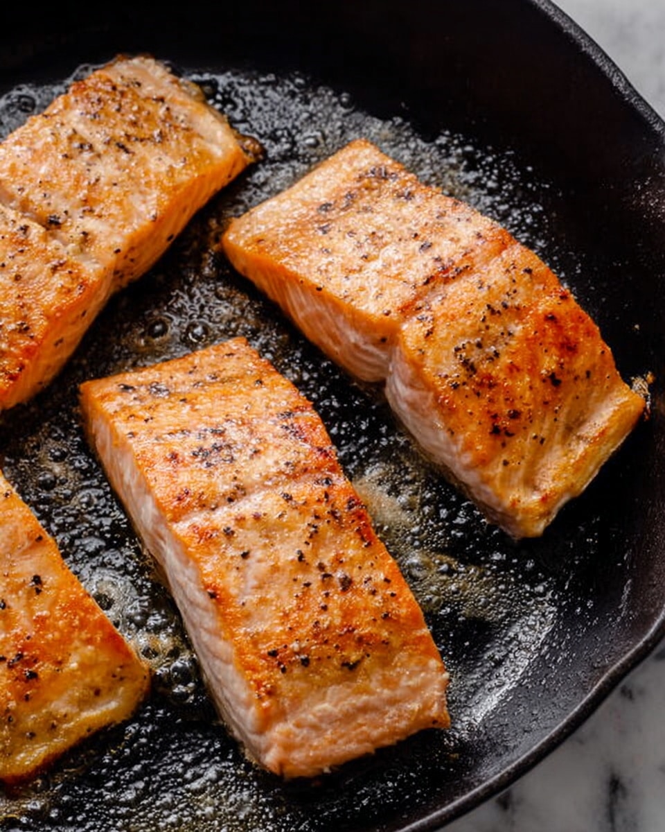 Three pieces of cooked salmon fillet sit in a black cast iron pan. Each fillet has a golden-brown crust with visible black pepper sprinkled on top. The texture is slightly crispy on the outside with a light pink color peeking through. Small oil bubbles can be seen around the fillets on the pan's surface. The background is a white marbled texture photo taken with an iphone --ar 4:5 --v 7