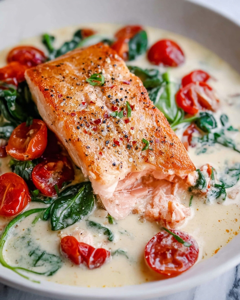 A white plate holds a piece of salmon with a crispy, golden brown top layer sprinkled with black pepper, showing a soft pink interior with one small piece slightly separated. Surrounding the salmon is a creamy white sauce speckled with fresh green spinach leaves and whole red cherry tomatoes, some halved, creating bright red and green pops of color within the sauce. The whole dish rests on a white marbled surface. photo taken with an iphone --ar 4:5 --v 7