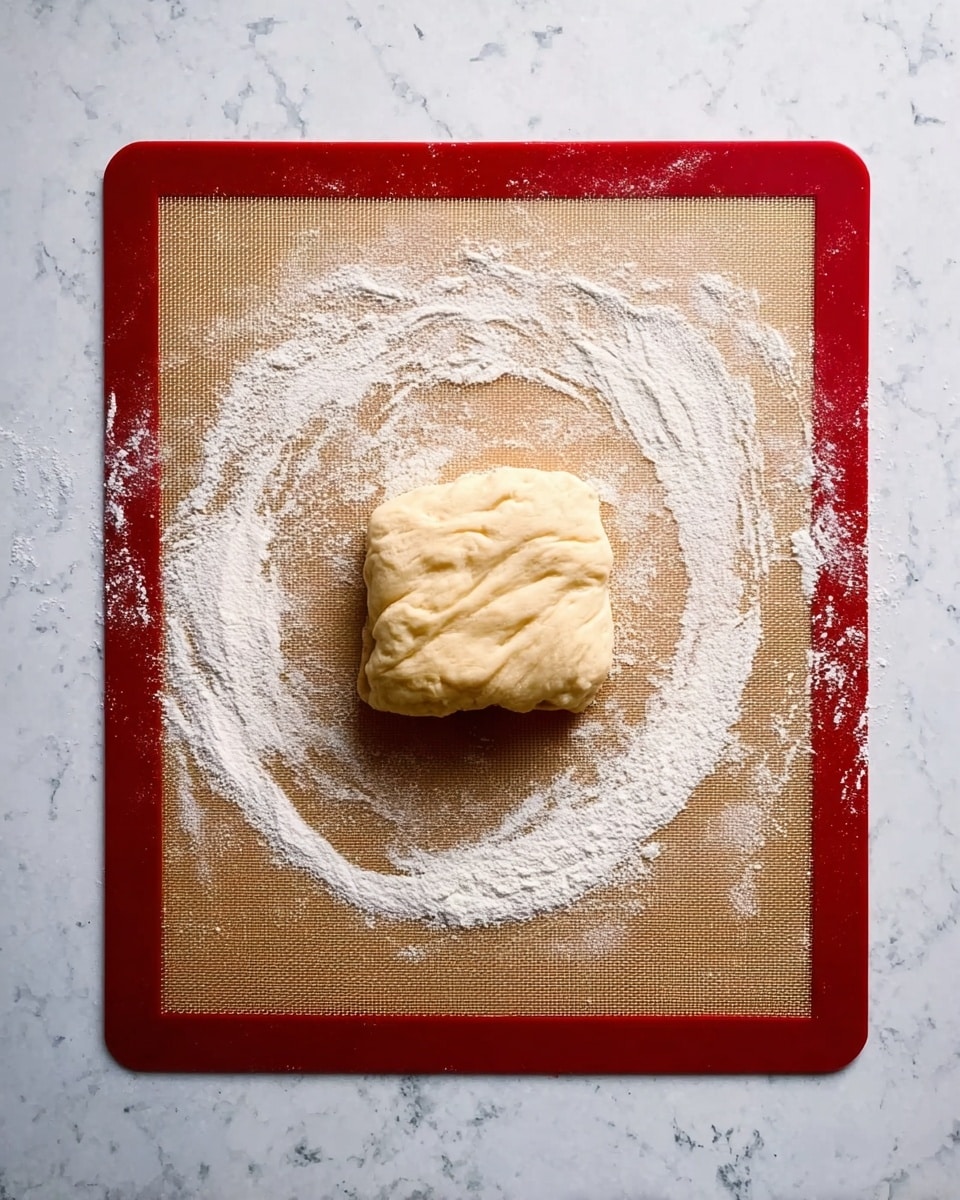On a white marbled surface, there is a rectangular silicone baking mat with a red border. In the center of the mat sits a small, square mound of pale yellow dough. Around the dough, a light dusting of white flour is spread unevenly, creating a soft textured ring. The dough has a slightly irregular surface with some small indentations and looks soft and pliable. Photo taken with an iphone --ar 4:5 --v 7