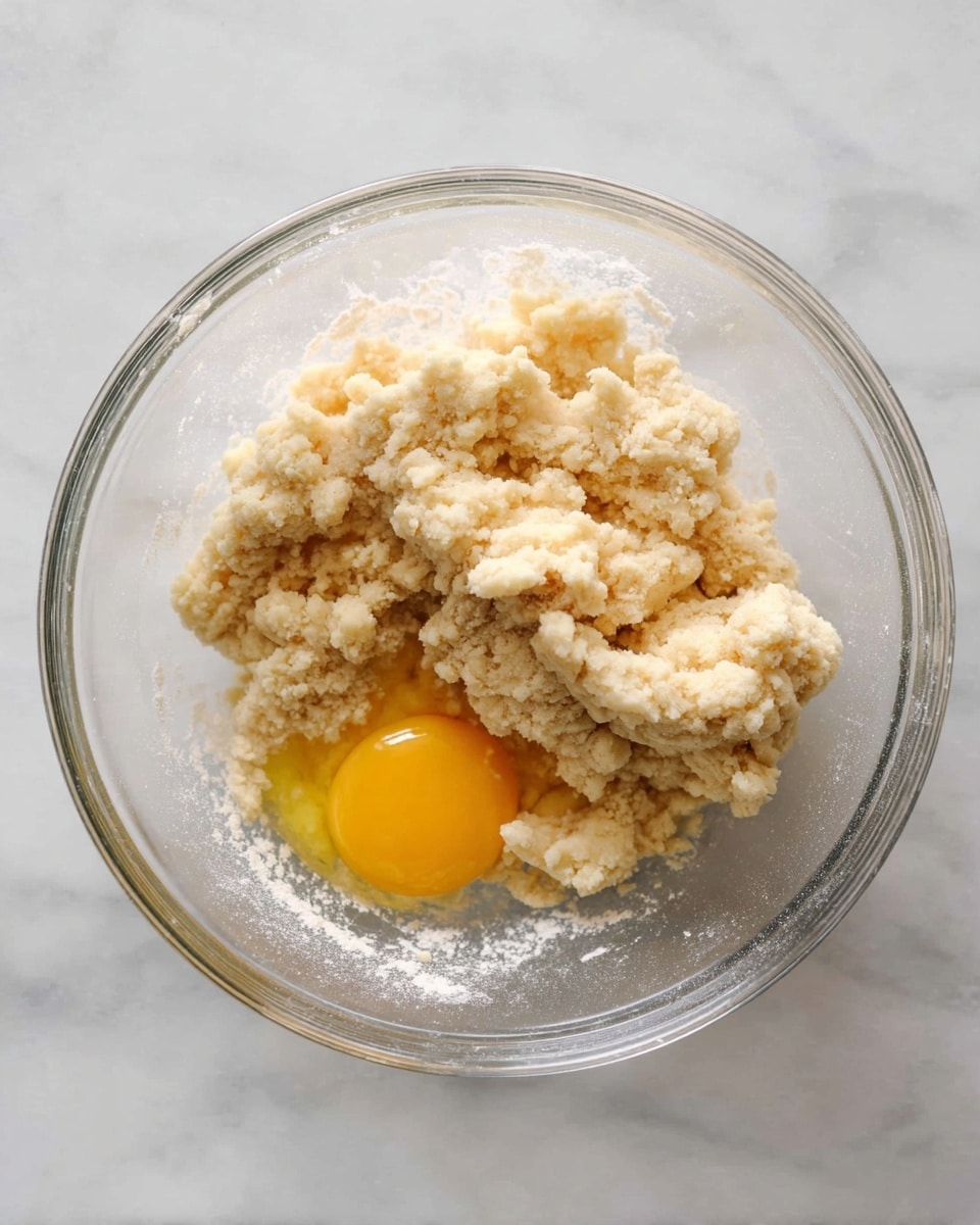 A clear glass bowl sits on a white marbled surface, holding a mixture that looks crumbly and pale beige in color. On one side of the bowl, a bright yellow egg yolk sits unbroken, contrasting with the rough texture of the dough-like mixture, which is clumped unevenly in soft chunks. The bowl shows some flour dusted lightly along its sides, adding to the rustic appearance of the contents. photo taken with an iphone --ar 4:5 --v 7