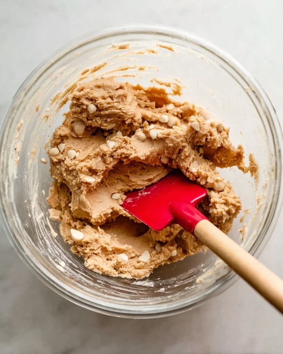 A clear glass bowl filled with thick, light brown cookie dough mixed with small pieces of white nuts, being stirred by a red spatula with a wooden handle, all sitting on a white marbled surface, photo taken with an iphone --ar 4:5 --v 7