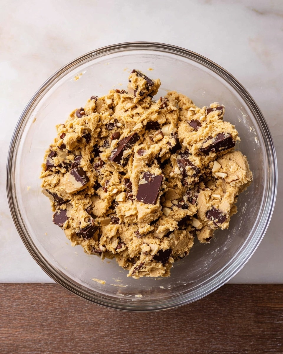 A clear glass bowl sits on a white marbled surface, filled with a thick, chunky cookie dough mixed with big pieces of dark chocolate and small bits of nuts spread evenly throughout. The dough has a light brown color with a rough texture, looking ready to shape into cookies. No other layers or colors are visible, just the mixed dough inside the bowl. photo taken with an iphone --ar 4:5 --v 7