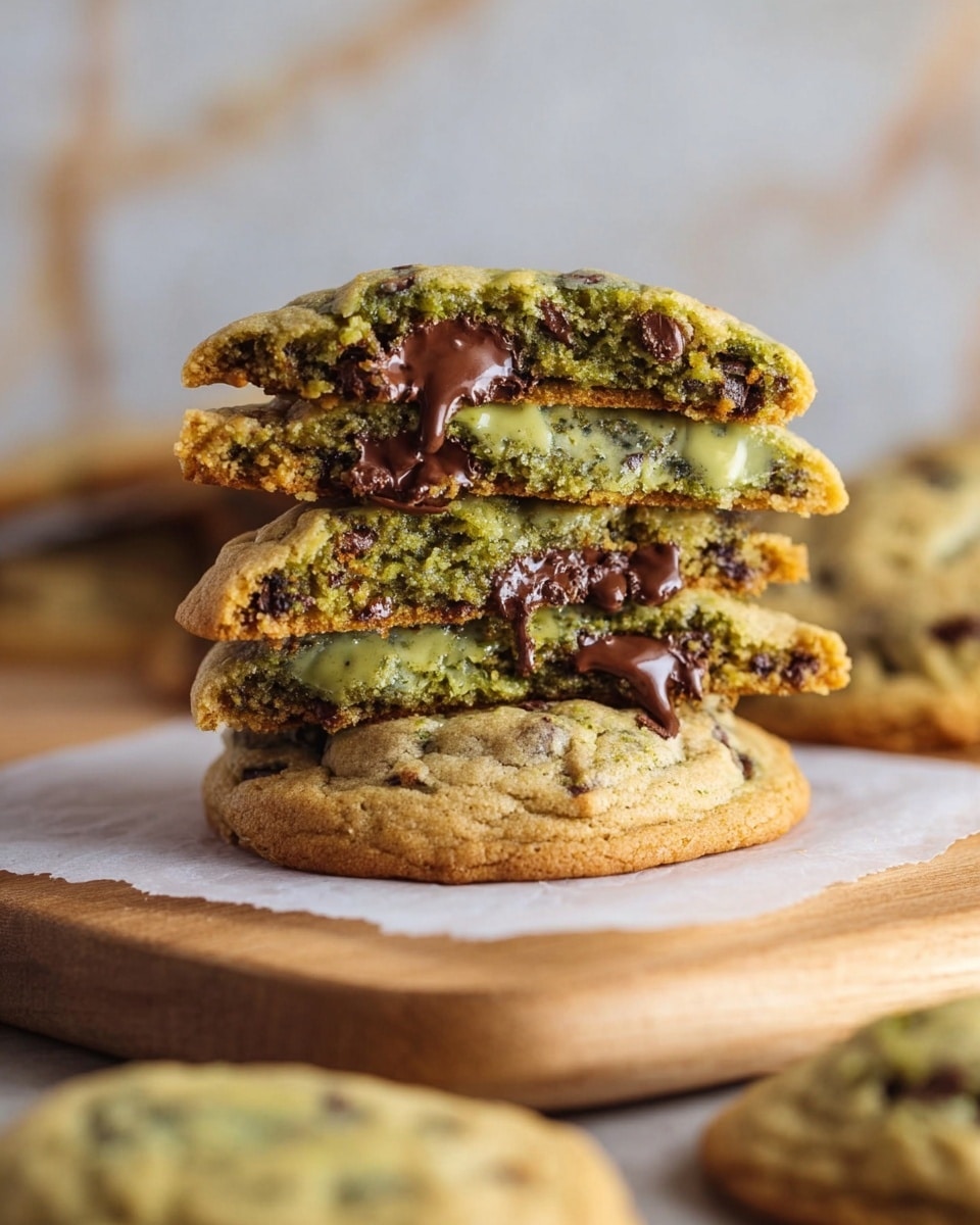 The image shows a stack of three thick cookies on white parchment paper over a light wooden board, with the background replaced by a white marbled texture. Each cookie has a golden-brown outer edge and a soft, gooey green center that looks like melted matcha or pistachio filling with bits of dark chocolate mixed inside. The stack is slightly uneven, with the edges of the cookies showing a chewy texture, and the green filling oozes out between each layer. Around the stack, there are more whole cookies blurred out, all with the same colors and textures. The photo taken with an iphone --ar 4:5 --v 7