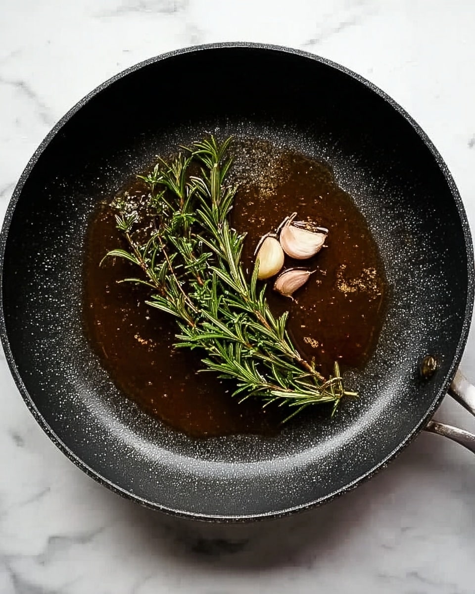 A black pan sits on a white marbled surface, containing a small amount of brown liquid with some oil shine. In the center, there is a sprig of fresh green rosemary and two small whole garlic cloves that are light off-white in color. The pan has a slightly textured surface inside and looks well-used. The scene is simple and focused on the ingredients in the pan, with soft light highlighting the rosemary and garlic, creating a warm, natural feel. photo taken with an iphone --ar 4:5 --v 7