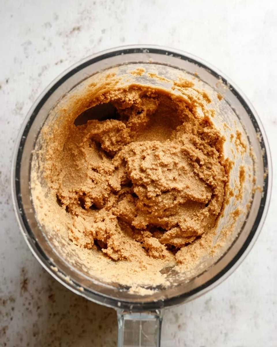 The image shows a clear glass blender jar filled with a thick, light brown mixture that has a slightly chunky texture. The mixture fills most of the blender jar, with some areas looking smoother and other parts appearing more coarse. The jar is positioned on a white marbled surface, and the lighting highlights the texture of the mixture inside. Photo taken with an iphone --ar 4:5 --v 7