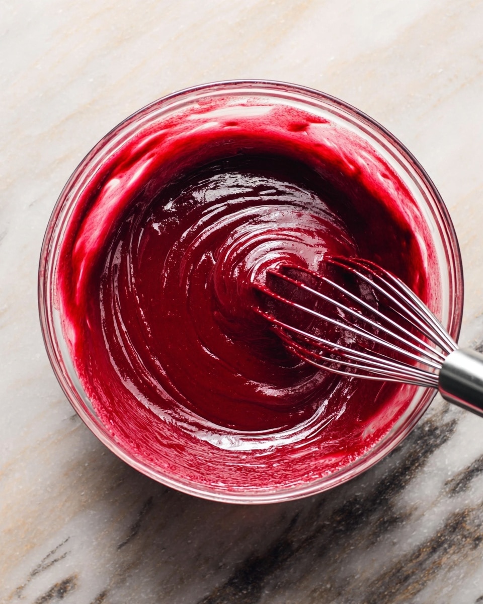 A clear glass bowl with thick, smooth, deep red liquid batter being mixed with a metal whisk inside. The batter shows swirls of lighter and darker red shades, creating a rich, velvety texture. The bowl sits on a white marbled surface, and the metal whisk's handle extends from the bottom right corner into the bowl. photo taken with an iphone --ar 4:5 --v 7