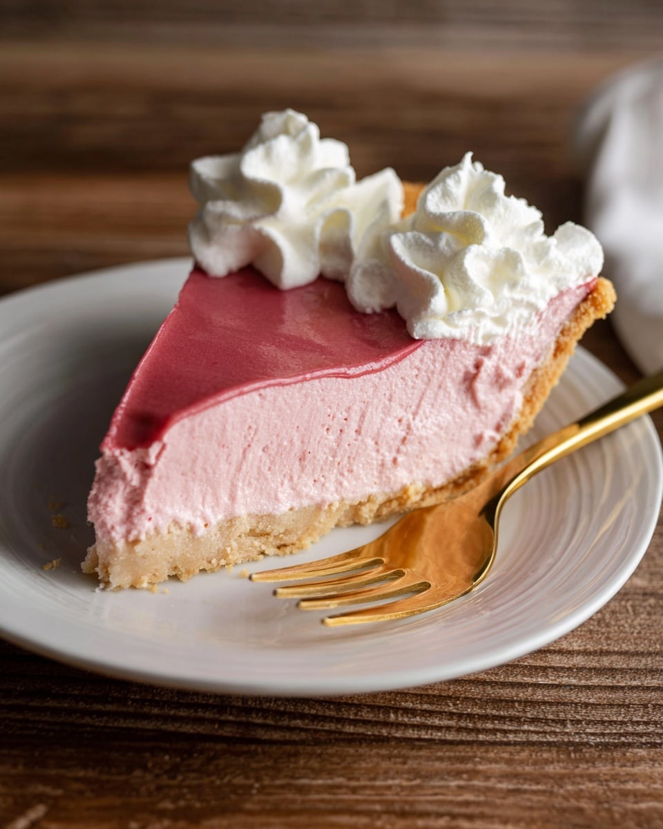 A slice of pie with three visible layers is placed on a white plate. The bottom layer is a light beige crust with a slightly crumbly texture. The middle layer is a thick, smooth, pink filling with a creamy look. On top, there is a darker pink, firmer layer that is smooth and shiny. Three dollops of white whipped cream sit neatly on the back edge of the pie slice. A gold fork rests on the plate beside the pie. The plate sits on a wooden surface. photo taken with an iphone --ar 4:5 --v 7