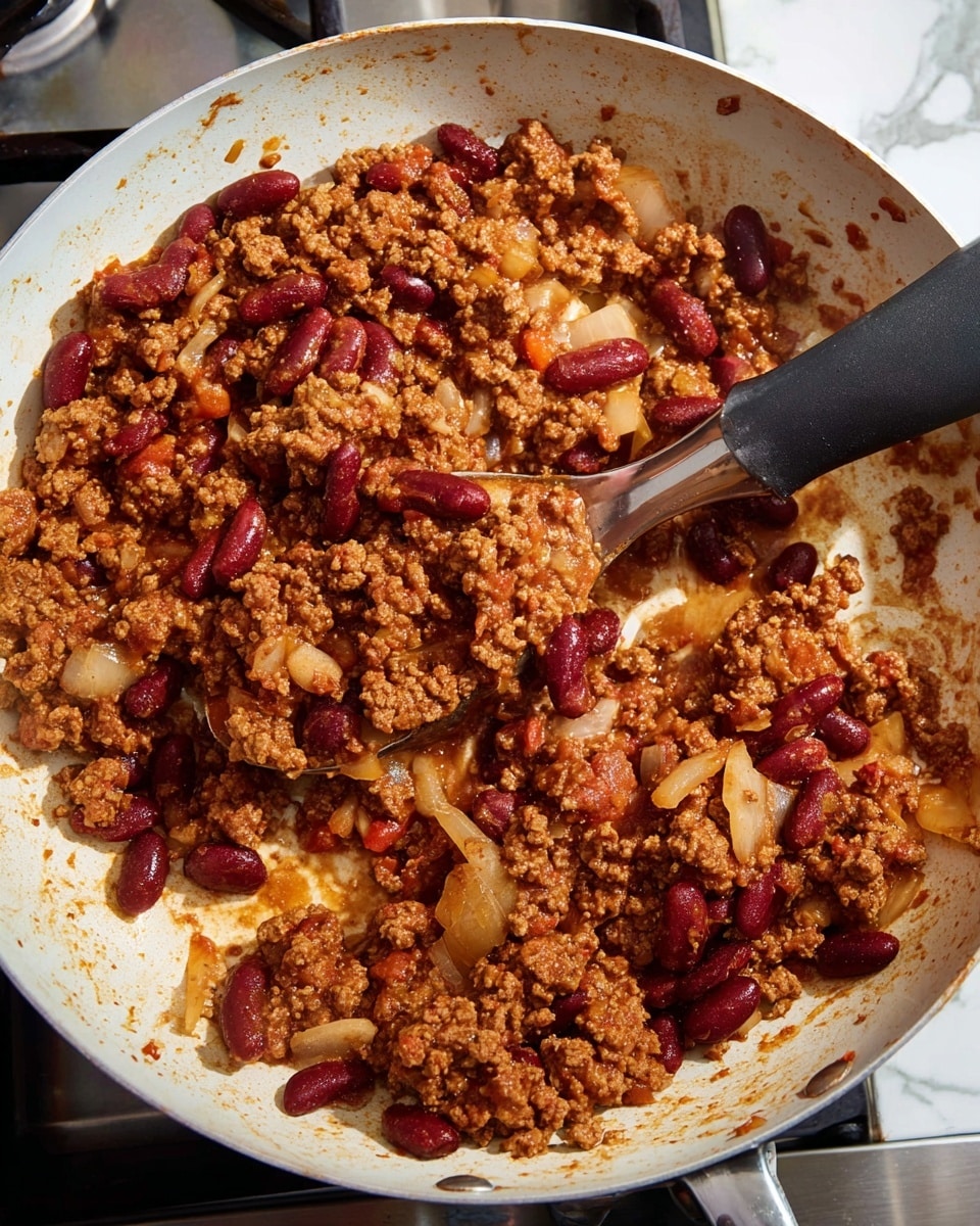 A close-up view of a ceramic white frying pan filled with cooked ground meat mixed with dark red kidney beans and small light brown onion pieces. The ingredients are coated in a reddish-brown sauce with a slightly oily texture. A black ladle with a silver handle stirs the mixture, lifting a spoonful of the chunky blend towards the bottom right. The pan sits on a stovetop, and the background shows part of the stove burner area with a white marbled texture surface underneath. photo taken with an iphone --ar 4:5 --v 7