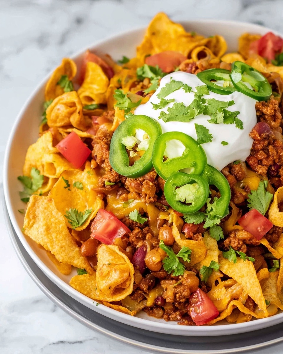 The dish is served on a white plate with a base layer of cooked ground meat mixed with soft brown beans and bits of red tomato. On top of this, there is a layer of crispy, curled yellow corn chips scattered around. The dish is garnished with bright green slices of jalapeño peppers placed near the center, a dollop of white sour cream on the top, and small green cilantro leaves sprinkled across. Some small pieces of diced red tomato add extra color on top and around the edges. The whole scene is set on a white marbled surface. photo taken with an iphone --ar 4:5 --v 7