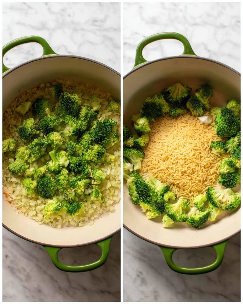 Two side-by-side photos show a white heavy pot with green handles on a white marbled surface. The left photo has a base layer of finely chopped light yellow onions, topped with bright green broccoli florets spread evenly. The right photo shows the same pot, now with the same onion layer at the bottom, broccoli florets around the sides, a middle layer of small, uncooked yellow orzo pasta covering much of the top, and a small pile of minced garlic near the bottom right of the pot. Photo taken with an iphone --ar 4:5 --v 7