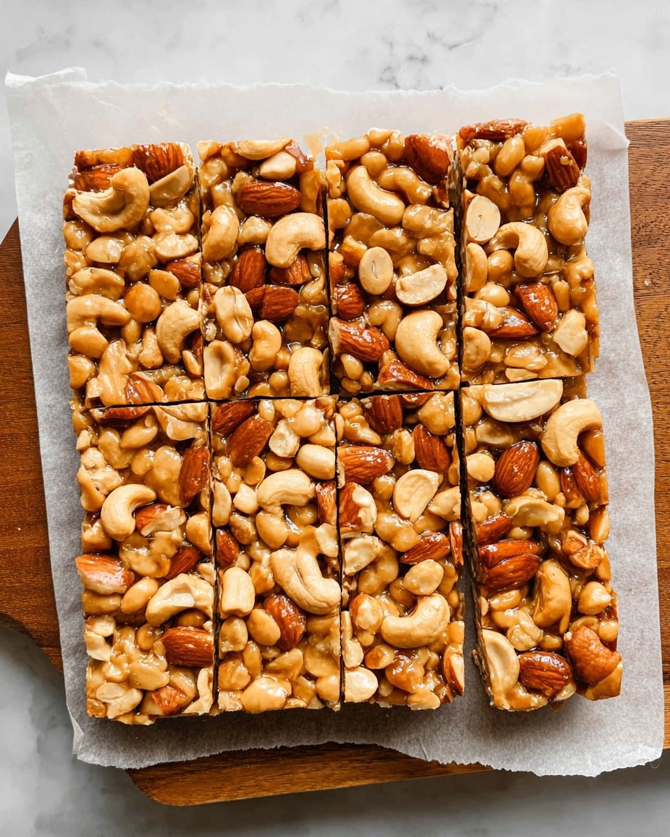 A square nut bar is shown on white parchment paper with visible cuts dividing it into rectangular pieces. The bar is packed with whole almonds, cashews, and peanuts, all golden brown in color, tightly stuck together with a shiny, sticky layer beneath the nuts. The nuts are evenly spread across the bar, creating a textured surface with a mix of smooth cashew curves and rough almond shapes. The bar is placed on a wooden board over a white marbled background. photo taken with an iphone --ar 4:5 --v 7