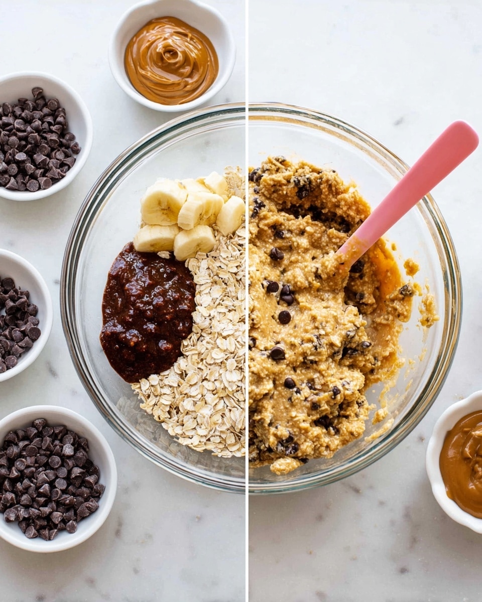 A large clear glass bowl sits on a white marbled surface, filled with oats, dark brown peanut butter, mashed pale yellow banana, brown sugar, and dark chocolate chips, each ingredient separate in different sections of the bowl. Next to it, the same bowl now holds a mixed, sticky batter that is light golden brown with visible oats and scattered dark chocolate chips throughout, stirred by a baby pink spoon. Around the bowl are small white dishes containing dark chocolate chips, all on a white marbled surface. photo taken with an iphone --ar 4:5 --v 7