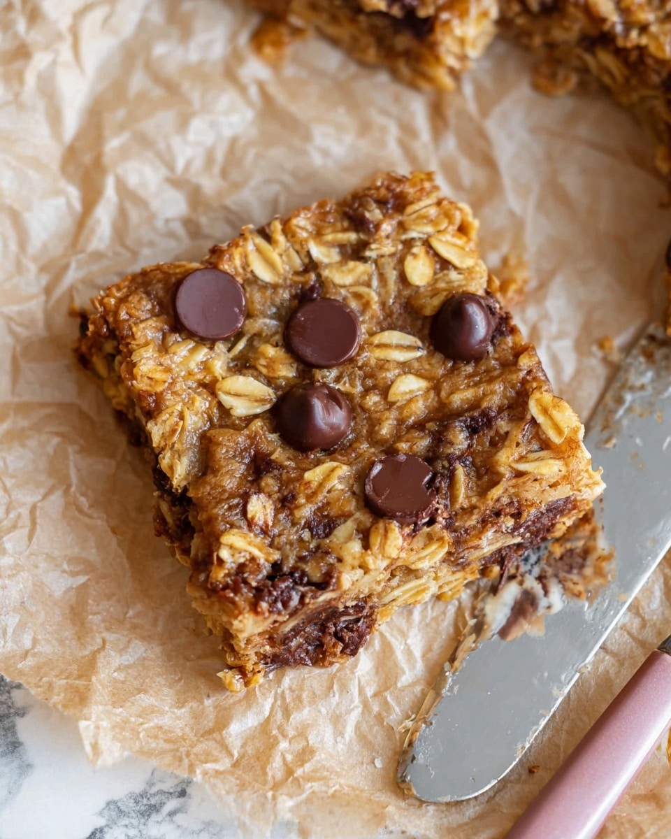 The image shows a close-up of a square oatmeal bar with visible layers of light golden oats and dark chocolate chips embedded throughout. The top layer is textured with rolled oats and several large, round, glossy chocolate chips on the surface. It rests on crinkled brown parchment paper with a white marbled surface underneath. There is a silver spreader knife with a pink handle lying next to the bar on the right side. The lighting highlights the chewy texture and slight shine on the oats and chocolate chips, with a warm, inviting color palette photo taken with an iphone --ar 4:5 --v 7