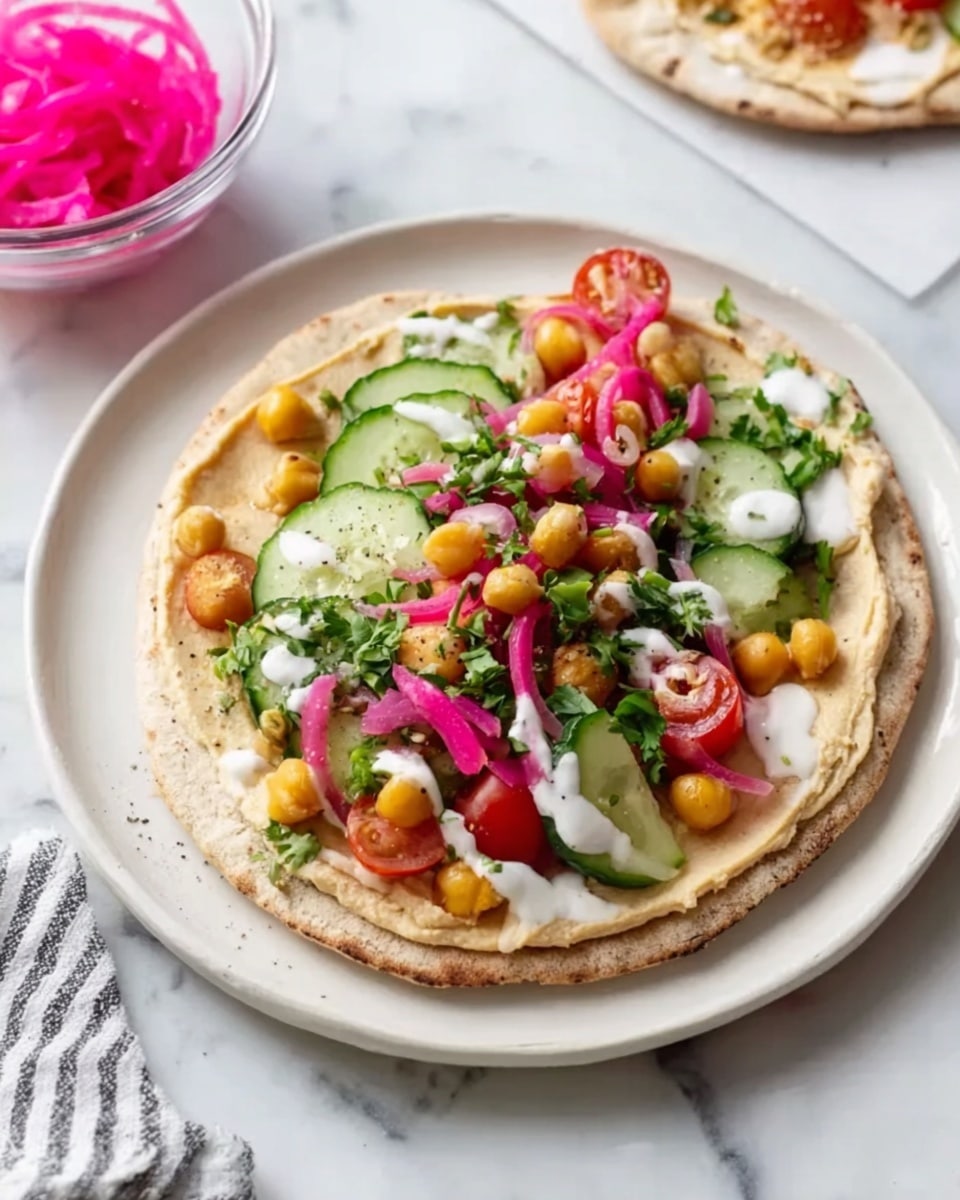 A flat, round pita bread sits on a white plate on a white marbled surface. The pita is topped with a smooth layer of beige hummus spread evenly across it. On top of the hummus, there is a colorful mix of toppings: slices of fresh green cucumber, halved red cherry tomatoes, golden chickpeas, and vibrant pickled pink onions. Some green fresh herbs and bright green chopped greens add contrast. Dollops of a white creamy sauce are scattered around the toppings, adding texture and color. In the background, there is a small glass bowl filled with bright pink pickled onions. photo taken with an iphone --ar 4:5 --v 7