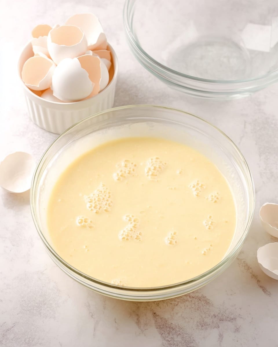 A clear glass bowl filled with a pale yellow, smooth batter with a few small bubbles on the surface sits on a white marbled table. Behind the bowl, there is a small white bowl containing several broken white eggshells with their insides visible. To the right of the batter bowl, there is an empty clear glass bowl. The whole setup is on a white marbled surface, well lit with soft natural light. photo taken with an iphone --ar 4:5 --v 7