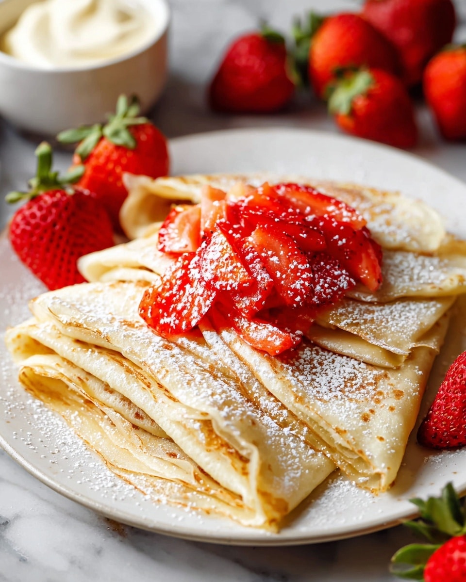 A white plate holds a stack of four thin crepes, each folded into a triangle and lightly dusted with white powdered sugar. On top of the crepes is a small pile of bright red, sliced strawberries that contrast with the light beige color of the crepes. Around the plate, there are whole strawberries with green tops for decoration. The scene is set on a white marbled surface, and in the background, a small bowl with a creamy white topping is visible out of focus. Photo taken with an iphone --ar 4:5 --v 7