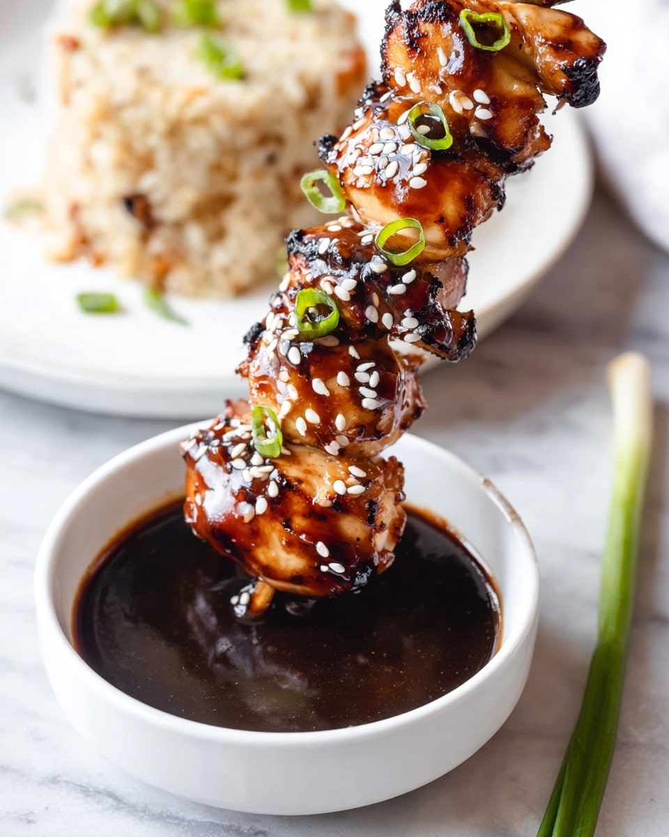 A skewer with four shiny grilled chicken pieces, each piece glazed with a dark, sticky sauce and sprinkled with white sesame seeds and green onion slices, is being dipped into a small white bowl filled with thick dark sauce. In the background, a white plate holds a lightly textured beige rice cake with some green garnish on a white marbled surface. A green onion stalk lies beside the bowl. photo taken with an iphone --ar 4:5 --v 7