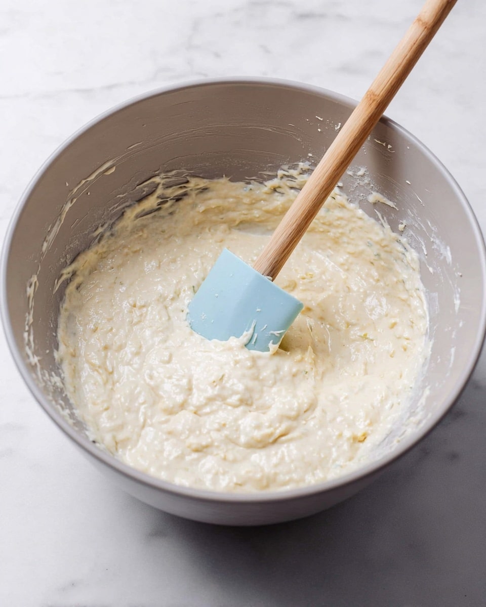 A gray mixing bowl holds a thick, pale batter with a slightly lumpy and creamy texture filling it almost to the top. Inside the bowl’s right side, a light blue spatula with a wooden handle is partially dipped in the batter, showing some batter clinging to it. The bowl sits on a white marbled surface. photo taken with an iphone --ar 4:5 --v 7