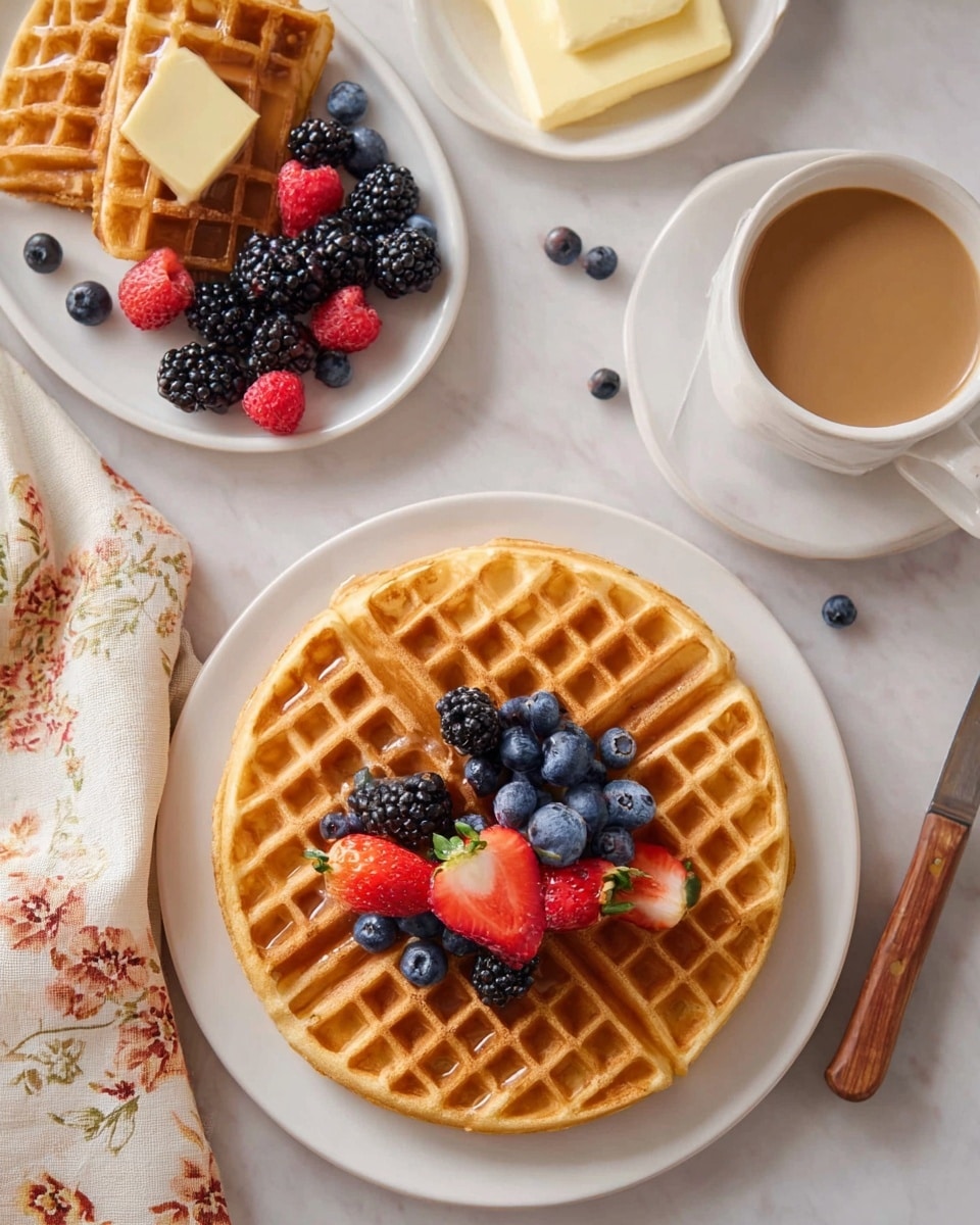 A round golden-brown waffle is placed on a white plate, topped with a neat pile of fresh berries including blueberries, blackberries, raspberries, and halved strawberries, all centered. Behind it, a small white plate with two rectangular waffle pieces sits beside a small heap of blueberries and raspberries, each waffle piece bearing a square pat of melting butter. A white dish with slices of butter and a wooden-handled butter knife lies near the top middle, and a white cup filled with light brown coffee is visible on the right. The scene is all set on a smooth white marbled surface with a cream and brown floral cloth partially shown on the bottom left. photo taken with an iphone --ar 4:5 --v 7
