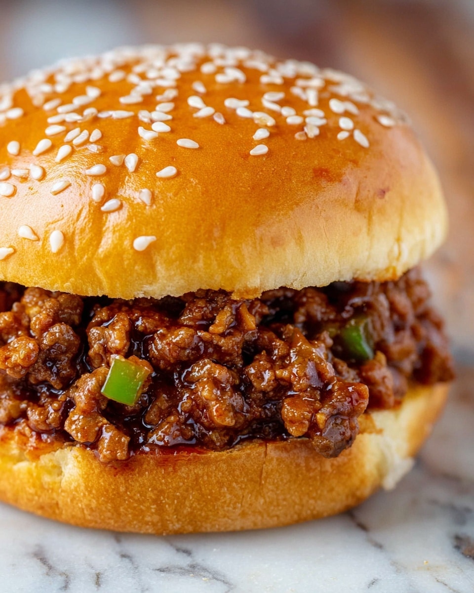 The image shows a close-up of a sandwich with a shiny sesame seed bun on top, having many white sesame seeds scattered across the golden-brown surface. Inside, there is a thick layer of cooked ground beef mixed with small pieces of green bell pepper and reddish sauce, filling the sandwich fully and spilling slightly out from the sides. The bun underneath is soft and slightly toasted with a light brown color. The sandwich is placed on a white marbled textured surface. Photo taken with an iphone --ar 4:5 --v 7