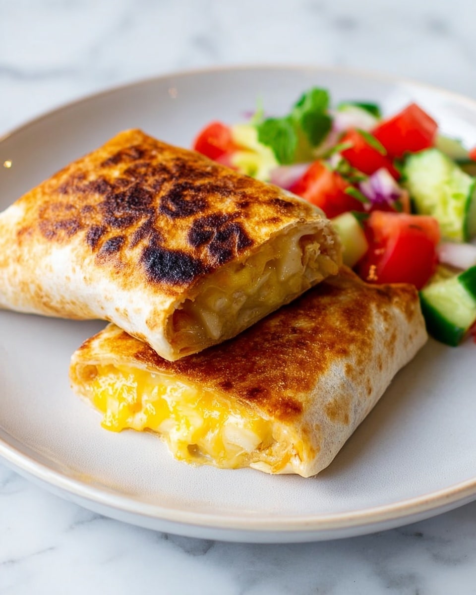 The image shows two folded wraps stacked on a white plate with a white marbled surface background. The top wrap has a crispy, golden brown outer layer with some darker grilled marks and is partially open, revealing a melted yellow cheese and creamy filling inside. The wrap beneath has a similar golden toasted texture. To the right of the wraps, there is a fresh salad made of bright red tomato pieces, light green cucumber chunks, and some green onion slices with a hint of basil or herbs. The dish looks warm and colorful, with the cheese filling looking soft and melted, contrasting with the crunchy wrap outside. photo taken with an iphone --ar 4:5 --v 7