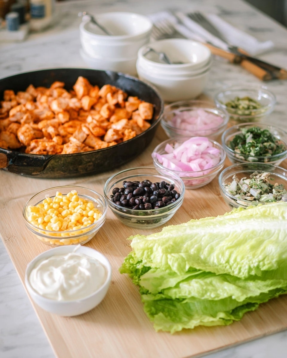 The image shows a light wooden table with several small clear glass bowls lined up in front, containing yellow corn, pink pickled onions, black beans, and chopped green herbs. In front of the bowls is a small white bowl with creamy white sauce. Beside these ingredients lies a fresh head of green romaine lettuce with visible crisp leaves. Behind these items, there is a large black cast iron skillet filled with diced cooked orange-colored chicken. Two stacked white bowls with forks inside are placed in the back on the table. The scene is set on a white marbled surface. Photo taken with an iphone --ar 4:5 --v 7
