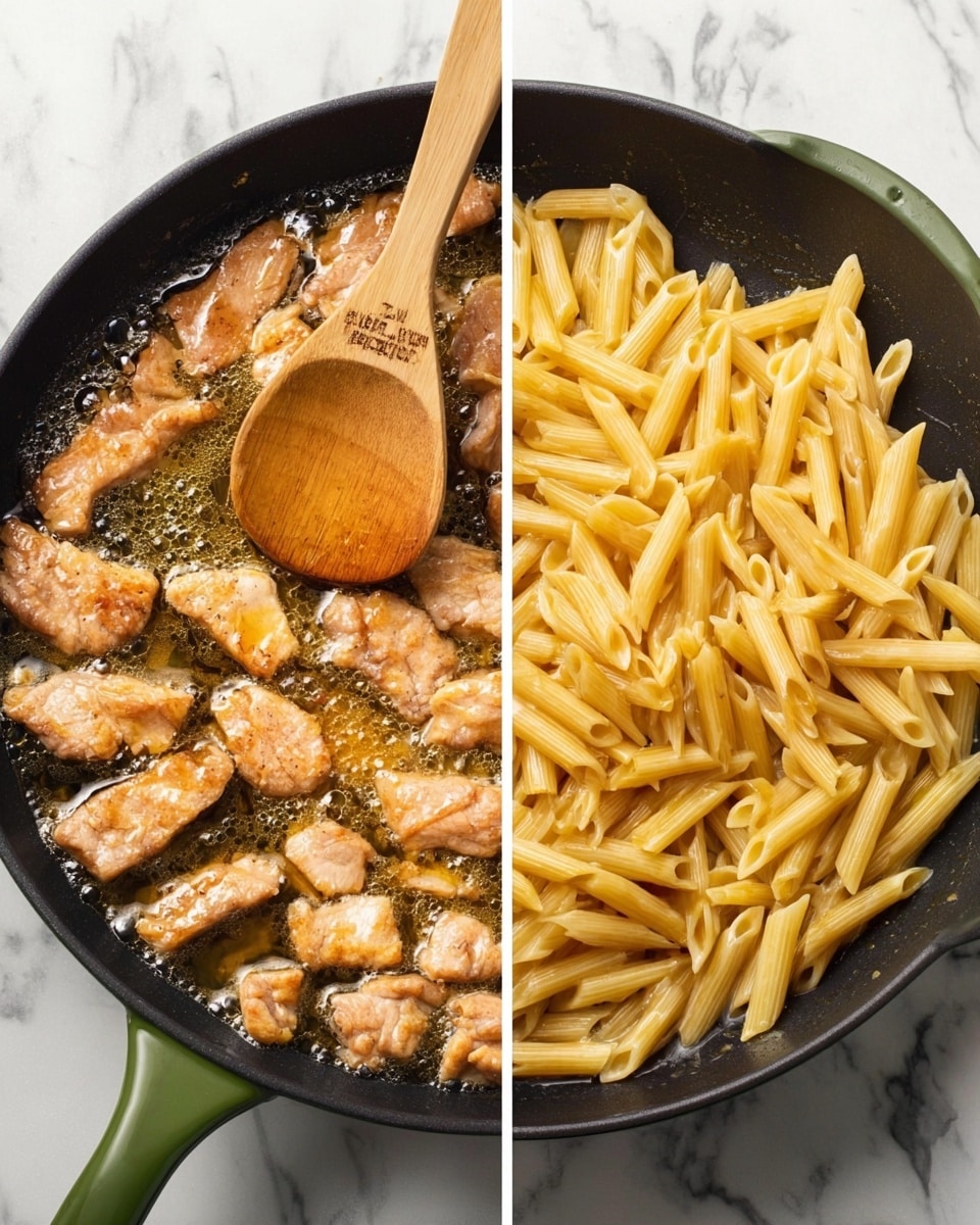 The image shows two side-by-side views of a black pan with a green handle on a white marbled surface. The left view has a layer of golden-brown cooked pieces of meat in bubbling oil, with a wooden spoon resting on top of the meat, showing a light wood texture with a logo. The right view shows the same pan with the cooked meat layer at the bottom and a thick layer of pale yellow cooked penne pasta piled on top, filling most of the pan. Both views show a shiny, oily texture around the meat and pasta. Photo taken with an iphone --ar 4:5 --v 7