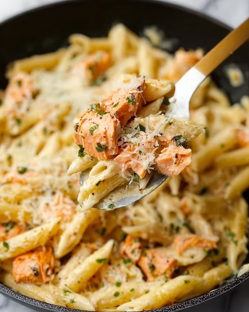 A close-up view of a white spoon holding a mix of penne pasta, chunks of cooked salmon, and grated cheese on top, with small green herb bits scattered throughout. The pasta is creamy and light yellow, contrasting with the pinkish-orange salmon pieces that have a slightly crispy texture. The spoon is above a large black skillet filled with the same creamy pasta and salmon mixture, resting on a white marbled surface. Photo taken with an iphone --ar 4:5 --v 7