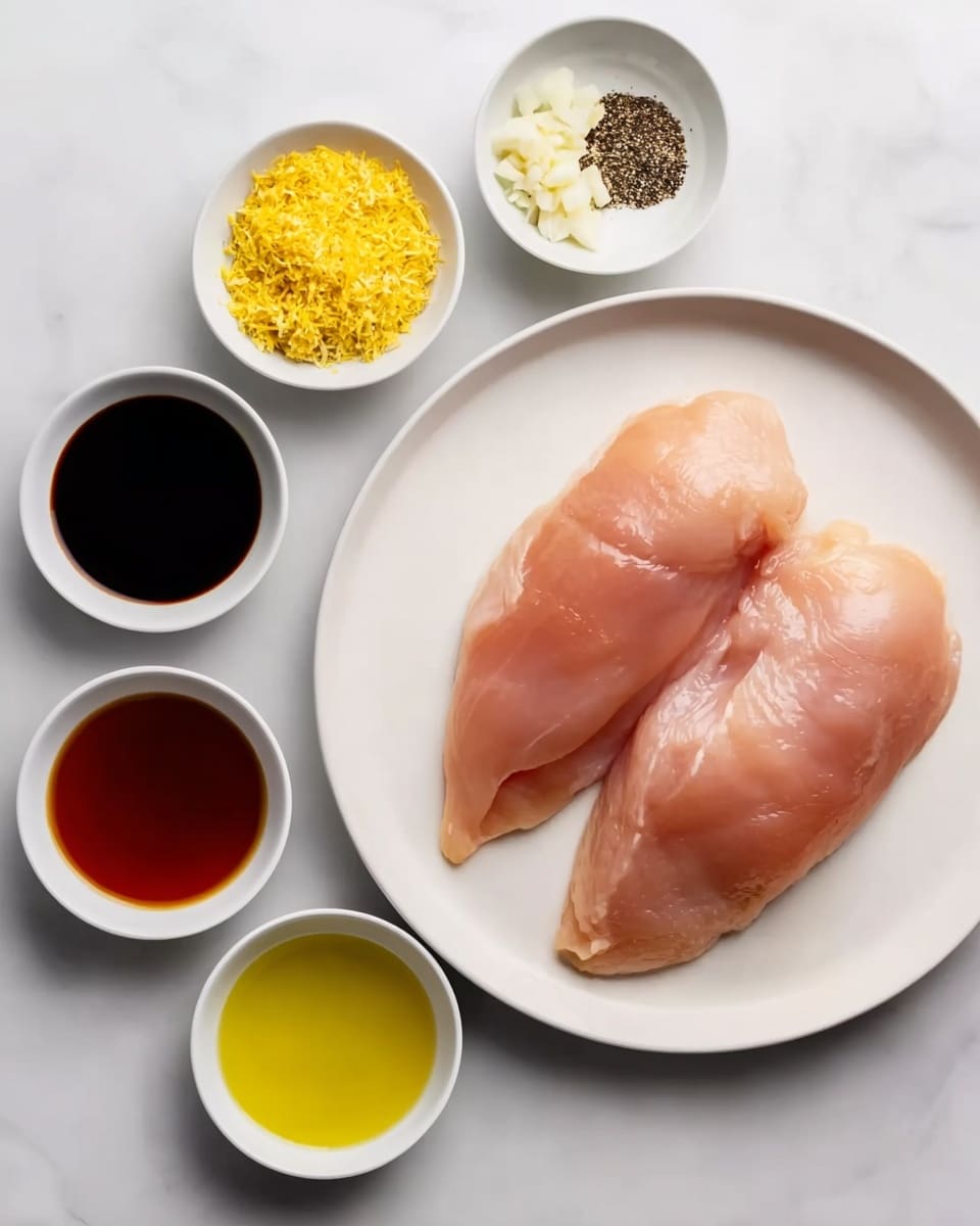 The image shows two raw chicken fillets placed together on a round white plate positioned on a white marbled surface. Surrounding the plate are six small white bowls arranged in a loose circle, each containing different ingredients. Clockwise from top left, there is a bowl with yellow lemon zest, next to it a bowl with minced white garlic, followed by a bowl with dark soy sauce, then a bowl with black pepper, another bowl with light yellow oil, and lastly a bowl with a reddish-brown liquid. A woman's hand is not visible in this image. photo taken with an iphone --ar 4:5 --v 7