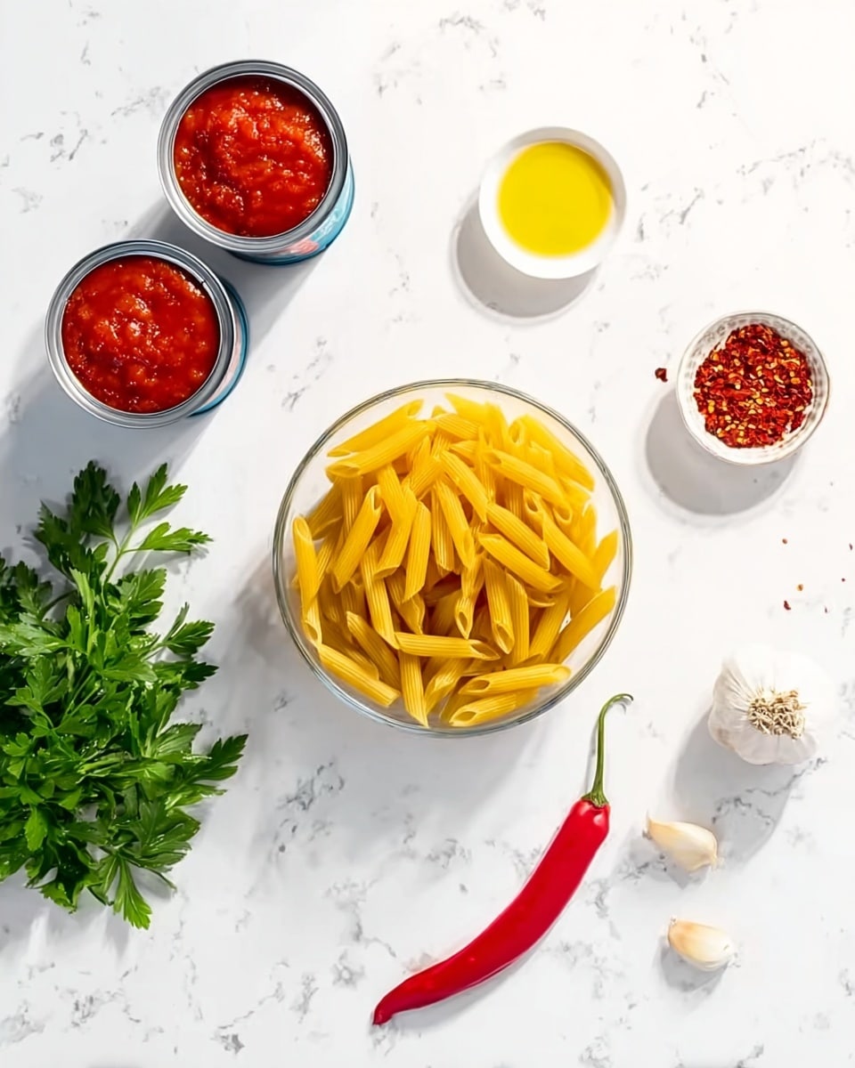 The image shows a white marbled table with several ingredients for cooking. In the center, there is a clear glass bowl filled with uncooked yellow penne pasta. To the left, two open cans of red tomato sauce are placed close together, and above them is a small glass bowl with yellow olive oil. Near the top center, there is a small white bowl with red chili flakes. On the right side, a bright red chili pepper lies near two cloves of garlic with white skins. Below the garlic, there is a bunch of fresh green parsley with leafy textures. The whole setup is on a clean white marbled surface, photographed with soft natural light. photo taken with an iphone --ar 4:5 --v 7